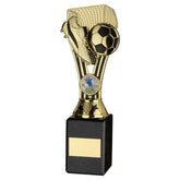 GOLD/BLACK PLASTIC 'WEMBLEY' FIGURE ON BLACK MARBLE TROPHY - (1in CEN) - 9in
